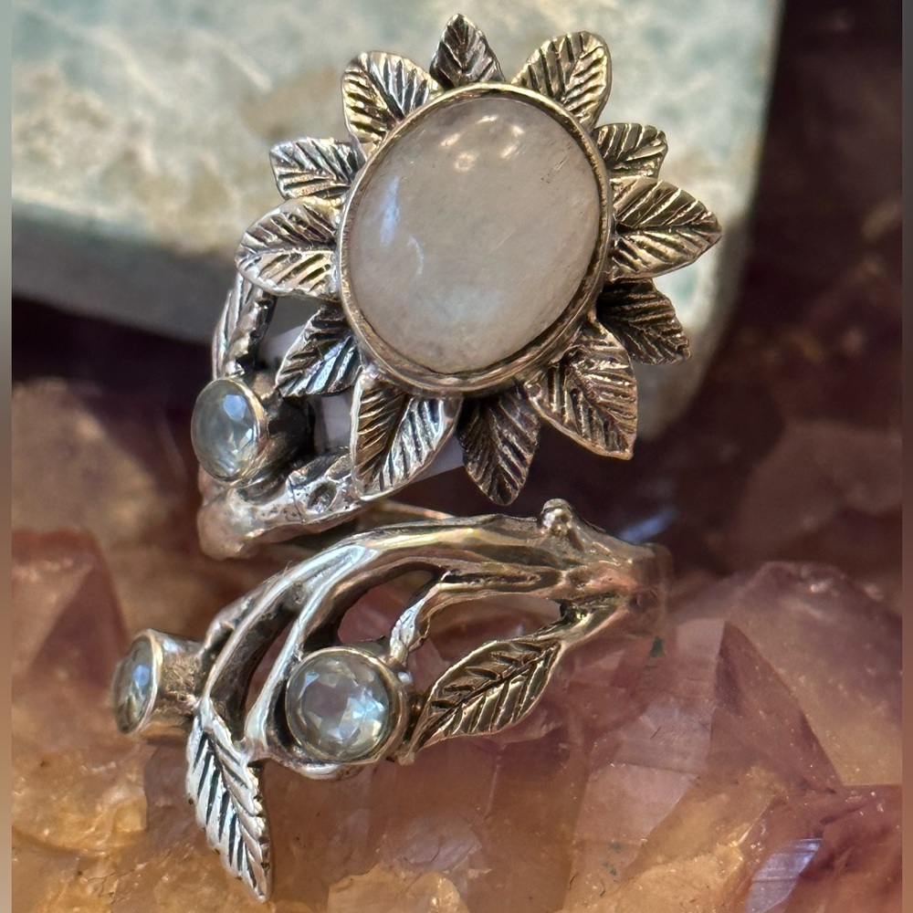 Rainbow Moonstone Statement Flower Sterling Silve… - image 1